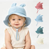 Topi Pelindung Matahari Musim Panas 0-12 Bulan, Topi Nelayan Katun Kain Kasa Bayi, Gaya Telinga Kelinci Bermotif Ruffle