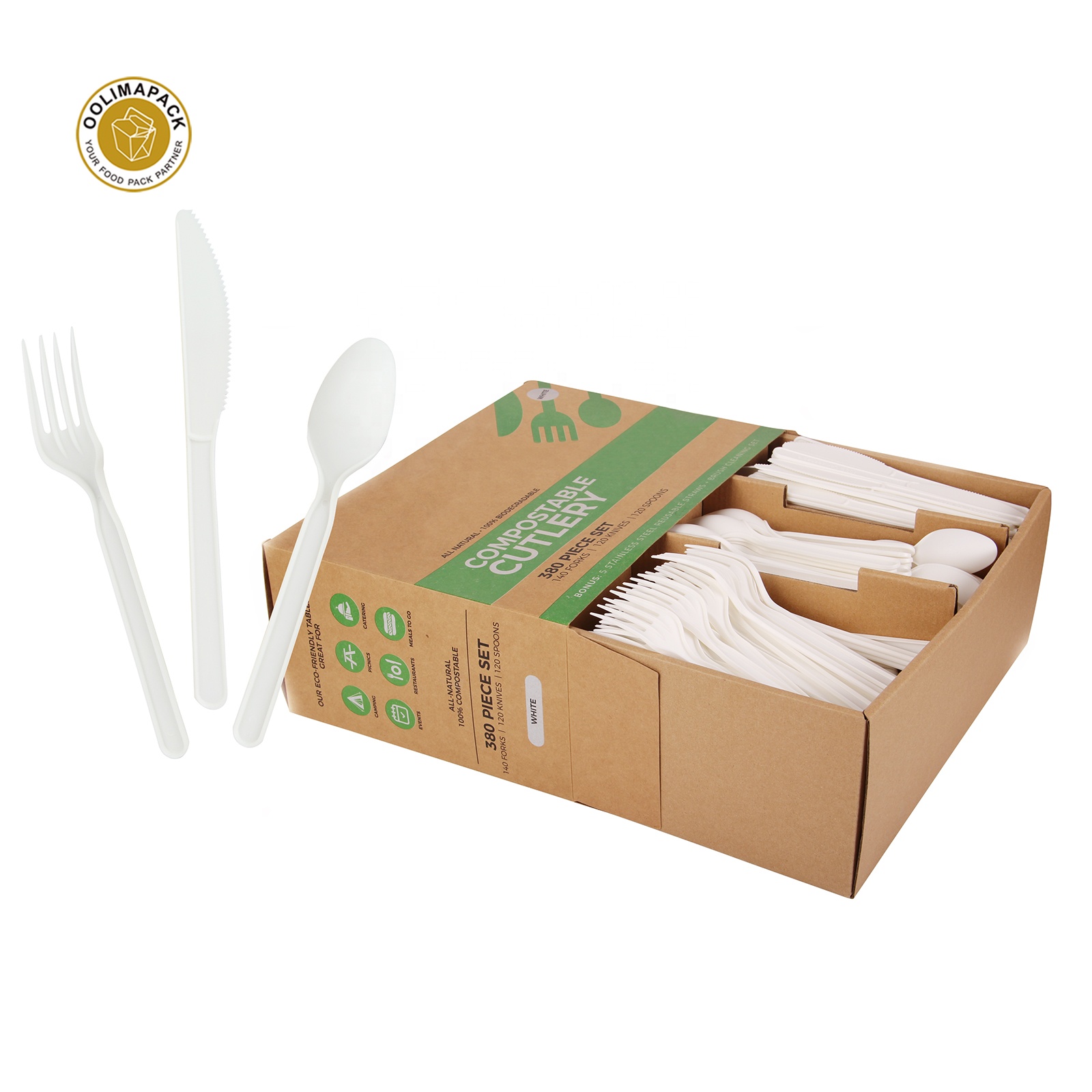 OOLIMA 100% Compostable CPLA Cutlery Set - Biodegradable Fork Knife Spoon Tableware