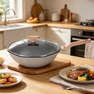 Wok Octagonal Antiadherente Yuanjian Blanco con Mango de Madera, Tapa de Vidrio, Revestimiento de <span class=keywords><strong>Piedra</strong></span> Maifan, Multifuncional, Compatible con Inducción - Product Image 3