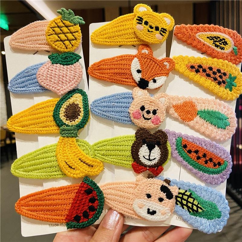 Handmade Hairclip Children Baby Hairgrip Cute Animals Fruit Snap Pins Hair Accessories Crochet Kids Hair Clip With Embroidery