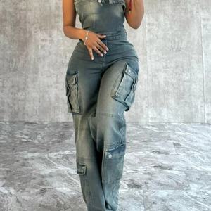 Mono vaquero de moda para mujer, con hombros descubiertos, bolsillos grandes, ideal para hacer ejercicio, elegante y versátil. - Product Image 1