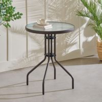 Table à thé minimaliste en verre pour terrasse et balcon, mobilier d'extérieur avec surface en verre trempé et métal durable