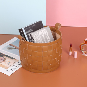 Panier de rangement rond en cuir pleine fleur tressé sur mesure, grande capacité, pour articles divers de bureau - Product Image 3