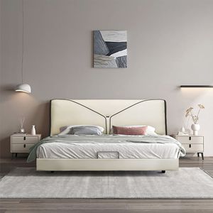 Modern Upholstered <b>Bed</b> 1.8m Double Size Leather Frame Master Bedroom Furniture Minimalist Style Low <b>Box</b> Design - Product Image 2