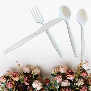 高级系列白色CPLA叉勺刀餐巾PBAT包可生物降解一次性PLA塑料餐具套装