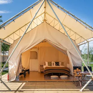 Outdoor Bege Canvas Camping Safari Tenda Desert Safari Glamping Casa Com Moldura De Madeira Para Venda
