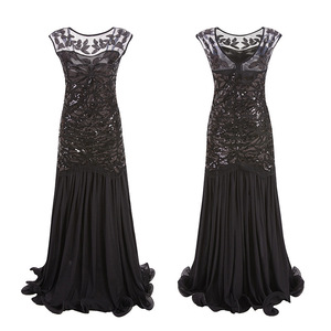 Evening Dress Long Gown Boat Neck Empire Waist <b>Sequins</b> Beads Mesh Vintage Translucent Sheer Layer Party Dinner Wear - Product Image 2