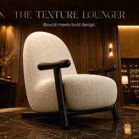 Fauteuil moderne en bouclette blanc crème avec accent en teck doré massif en forme de T pour salon, chambre et hôtel