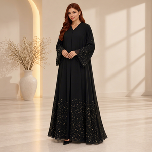 Abaya noire perlée et pailletée pour femme, manches longues, coupe ample, longueur ras du sol, robe islamique modeste pour l'Aïd, vente en gros EAU OEM ODM - Product Image 1