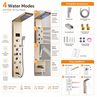 Colonne de douche moderne en acier inoxydable doré brossé avec cascade LED, 5 boutons, 6 jets latéraux et affichage numérique