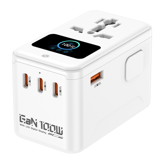 100W GaN Universal Travel Adapter LCD Digital Display Multi Port USBC USBA Fast Charger Worldwide Plug Converter for Home Travel