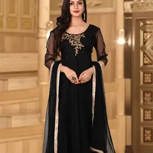 Beautiful Hand Embroidered Readymade Women's Long Anarkali Kurta in Black Paired with Taffeta Churidar Pant & Net Dupatta Bulk