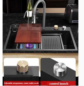 VORIVA Fregadero de Cocina de Acero Negro Grande, <span class=keywords><strong>Grifo</strong></span> de <span class=keywords><strong>Cascada</strong></span>, Tazón Único, <span class=keywords><strong>Lavabo</strong></span> de Cocina para Lavado de Verduras - Product Image 4