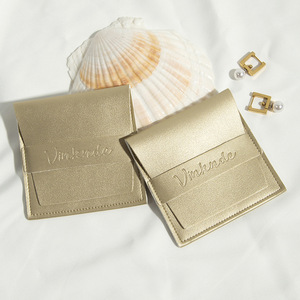 Vinkende PU Leather Jewelry <b>Storage</b> Bag 8x8cm Embossed Logo Rectangle Shape Gold Color for Necklace <b>Ring</b> Packaging - Product Image 3
