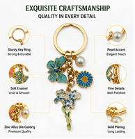 Gantungan Kunci Bunga Enamel Logam Custom, Liontin Logam Seng, Mutiara, Berlian Imitasi, Cincin Kunci, Hadiah Promosi untuk Wanita, Grosir