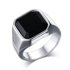 Mode Mannen Roestvrij Stalen Ring Retro Punk Rock Zwarte Agaat Vinger Ring Gift Sieraden Maat 6-11