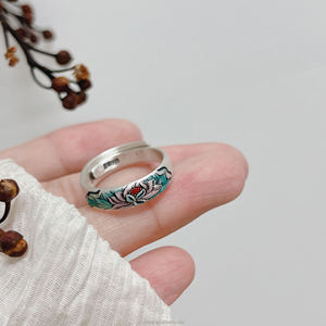 Bague ouverte en émail de Style ethnique Vintage, certifiée S999, couleur bleu cuit, Lotus, graine de Lotus, bague de mode nationale pour femmes - Product Image 6