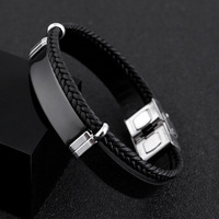 Vente chaude Bracelet Blanc Personnalisé Graver Logo Simple Réglable En Acier Inoxydable Noir Pu Cuir Wrap Bracelet Tissé pour Hommes