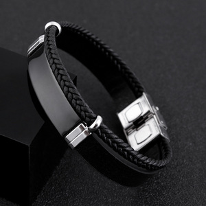 Hot Selling Blank <strong>Bracelet</strong> Custom Engrave Logo Simple Adjustable Stainless Steel Black Pu Leather Wrap Woven <strong>Bracelet</strong> for <strong>Men</strong> - Product Image 2