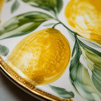 Service de table en porcelaine peinte à la main, motif citron méditerranéen, vaisselle jaune frais pour l'été, restaurant et maison