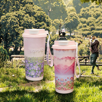 Mug à café isotherme en acier inoxydable de haute qualité, motif floral moderne, double usage avec paille, grande capacité, poignée ergonomique, pour l'extérieur