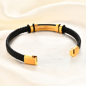 Minimalist Men's Woven <b>Leather</b> <b>Bracelet</b> 11mm Steel Gold Black Gift Jewelry - Product Image 2