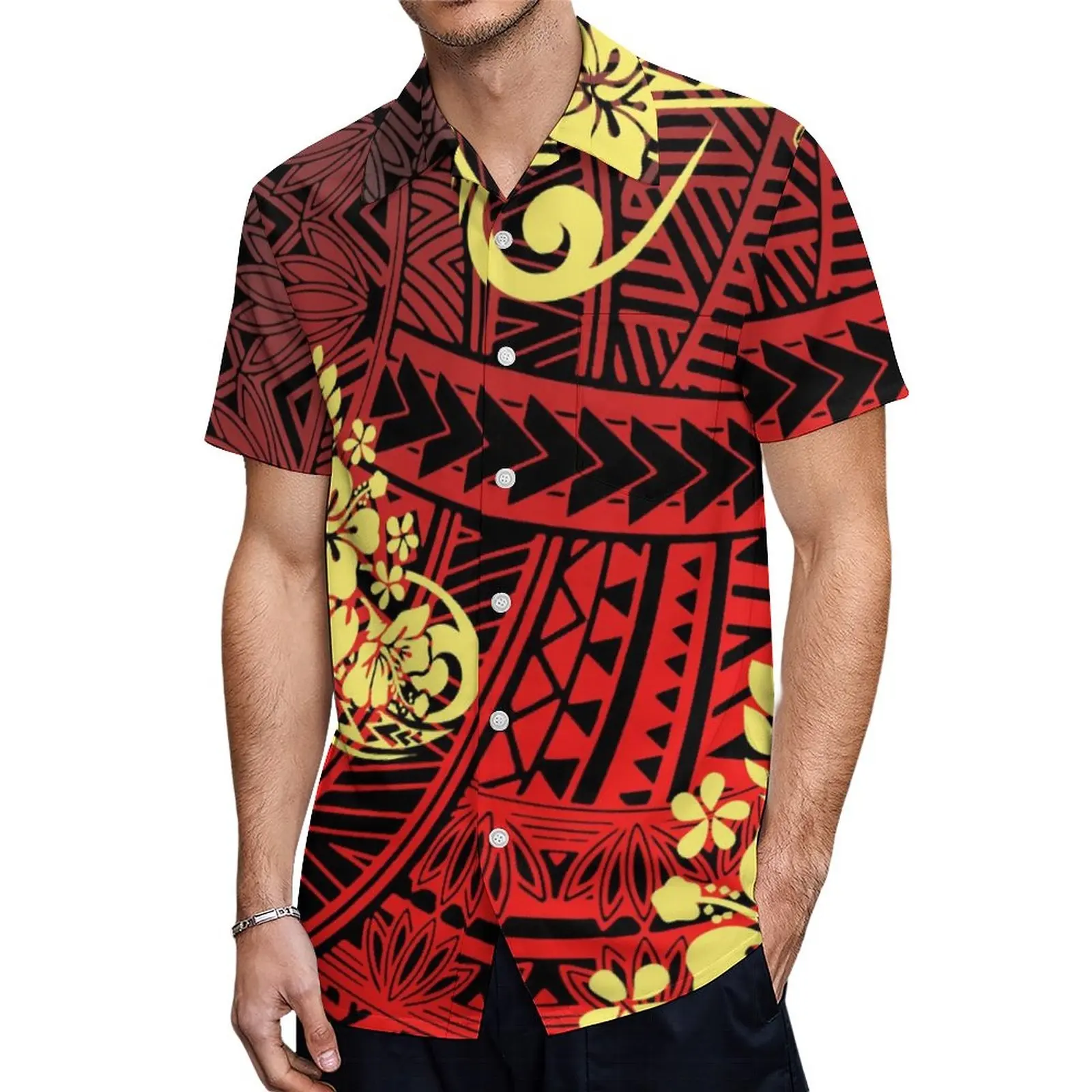 Neues Design individuelles Übergrößen-Herren-T-Shirt polynesische indigener roter Hintergrund mit Plumeria hawaiianisches atmungsaktives Freizeithemd