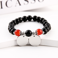 Bracelet élastique en perles d'obsidienne Ywyougang avec disque métallique vierge gravable en acier inoxydable doré, fait main, logo personnalisé, pour couple