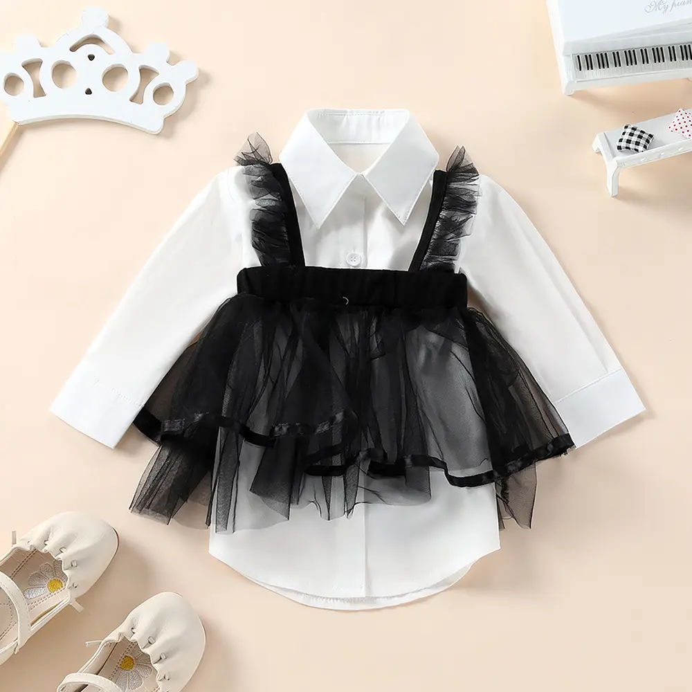 2022 New Spring Baby Toddler Girl White Turn-down Collar Long Sleeved Shirt with Black Tulle Patchwork Blouse 1-5 Years