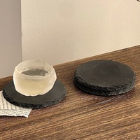 Sous-verre rond en pierre naturelle noire résistant à la chaleur, design zen asiatique pour verres à thé, whisky et cocktails