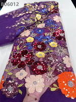 Tissu en maille africaine brodé de perles florales colorées et de sequins, 100 % polyester élastique, pour robes de mariée