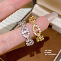 Cincin Hidung Babi Berlapis Emas Asli dengan Hiasan Berlian Modis, Desain Terbuka Serbaguna, Gaya Jepang-Korea untuk Wanita.