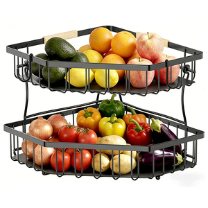 Support d'angle triangulaire à 2 niveaux en métal pour comptoir, panier de rangement pour fruits et légumes frais avec <span class=keywords><strong>crochet</strong></span> pour bananes - Product Image 1