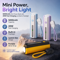 Mini batterie externe 5000 mAh avec câbles de charge intégrés, charge rapide 20W, chargeur portable avec lampe torche LED, format rouge à lèvres