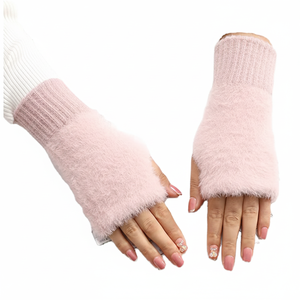 ถุงมือผ้าฟลีซถักครึ่งนิ้วสำหรับผู้หญิงสีขาวล้วนอบอุ่นสำหรับเล่นกีฬากลางแจ้งและเล่นสกี - Product Image 1