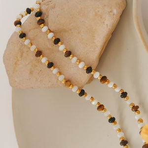 Kalung Choker baja tahan karat trendi perhiasan kalung manik-manik batu mata harimau alami manik-manik kristal hitam putih untuk wanita - Product Image 6