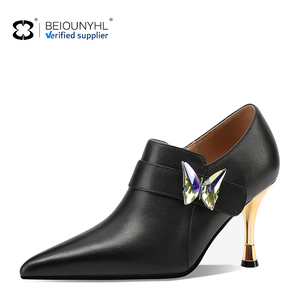 Cuir véritable Sexy Pointed Toe Women Pumps Spring New Leather Shoes Fashion Black butterfly Decorate Prom Lady Thin High Heel - Product Image 6