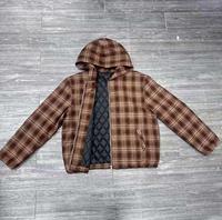 Hoodie Zipper-Up Motif Kotak-kotak Khusus untuk Pria 100% Kain Rajut Katun Ukuran Oversize Gaya Streetwear Vintage