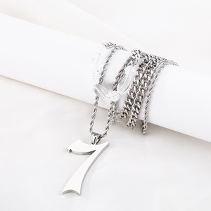 yunnique Unisex <b>Titanium</b> Steel Layered Necklace With Number 7 Pendant And Beaded <b>Chain</b> For Punk Fashion - Product Image 4
