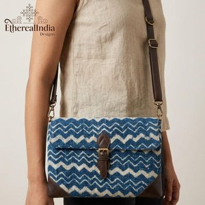 Blue Ikat Block Print Sling Bag Wholesale Boho Chevron Cotton Crossbody Purse Handmade <b>Shoulder</b> Bag Export India - Product Image 3