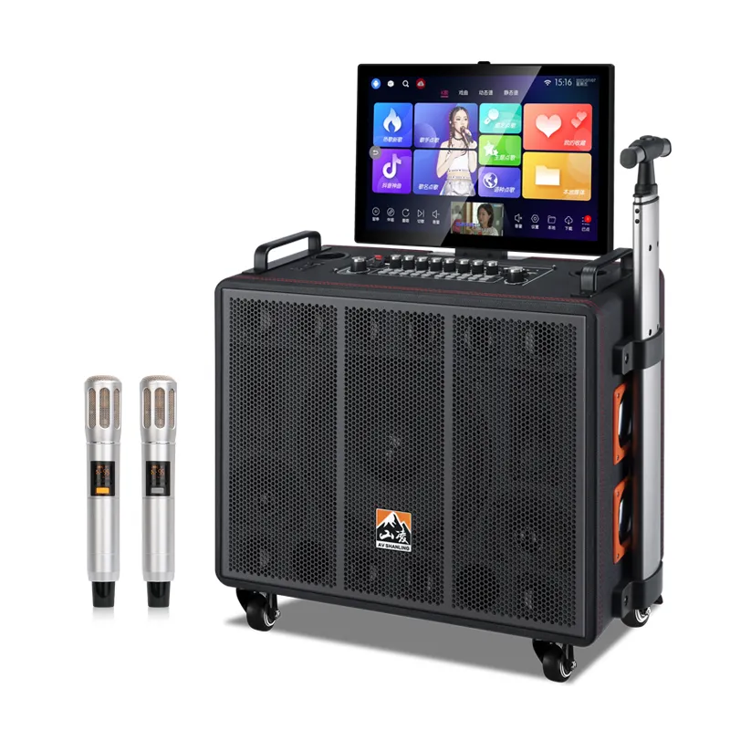 Máquina DE SISTEMA DE Karaoke multifunción 2024, altavoz de Karaoke portátil Wifi con batería negra de 17 pulgadas, altavoz de madera, RGB,