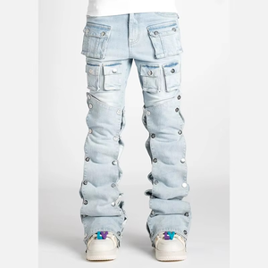 Jeans en denim tissé décontracté à taille mi-haute, délavé clair, coupe droite, avec multiples poches et plis superposés pour hommes, vente en gros - Product Image 3