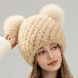 Chapeau tricoté en vraie fourrure de vison chaud pour <span class=keywords><strong>femme</strong></span>, <span class=keywords><strong>bonnet</strong></span> d'hiver à boutons, protection des oreilles, rayé jacquard, 100% fourrure de vison - Product Image 4