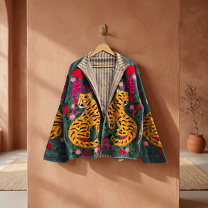 Blazer de Terciopelo Bordado a Mano para Mujer, con Estampado Floral y Animal, Cuello Chal, Frente Abierto, Estilo Retro, Abrigo de Diseñador para Otoño, Suzani - Product Image 4