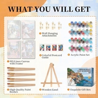 Peintures de paysages marins modernes – Kit de peinture DIY 4 pièces pour adultes – Peinture acrylique imprimée numériquement, pinceaux en bois, chevalet, décoration écologique pour la maison