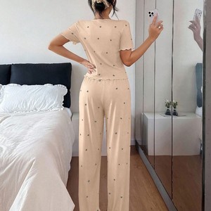 Conjunto de <span class=keywords><strong>pijama</strong></span> acanalado con estampado de corazones para mujer, top de manga corta con botones y cuello en V, pantalones anchos con volantes, ropa informal para estar en casa, tallas S-XL, varios colores - Product Image 4