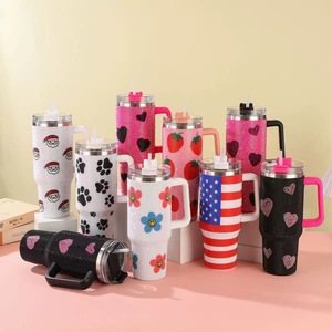 Stainless Steel Tumbler With Glitter Design Cartoon Pattern Vacuum Flask With Straw For Travel - Product Image 1