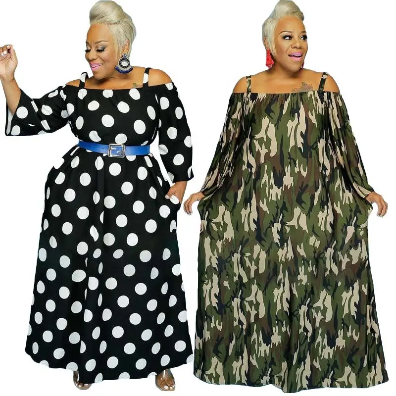 New arrival plus size dress ladies off shoulder black and white long dress green camo black polka dot maxi dress plus size