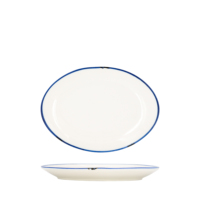 Plato Plano Ovalado Tipo Coupe de 15x11 cm, Blanco con Borde Azul
