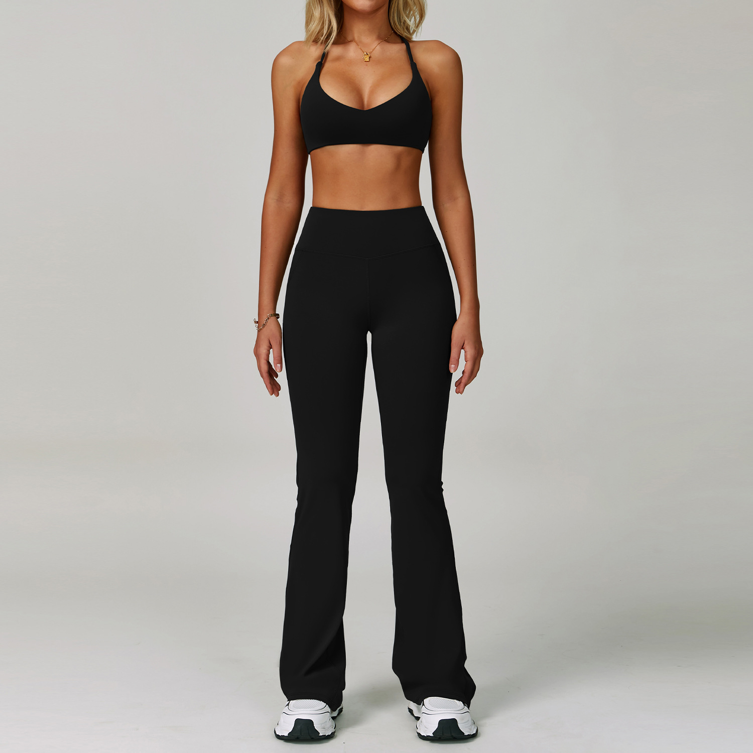 Hanging Neck Bra+ Flared Pants (Black)